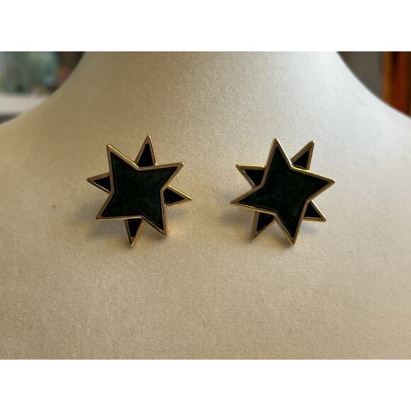 Vintage Yves Saint Laurent Gold YSL Green Enamel Starburst 80s Style RARE Studs - Picture 2 of 10